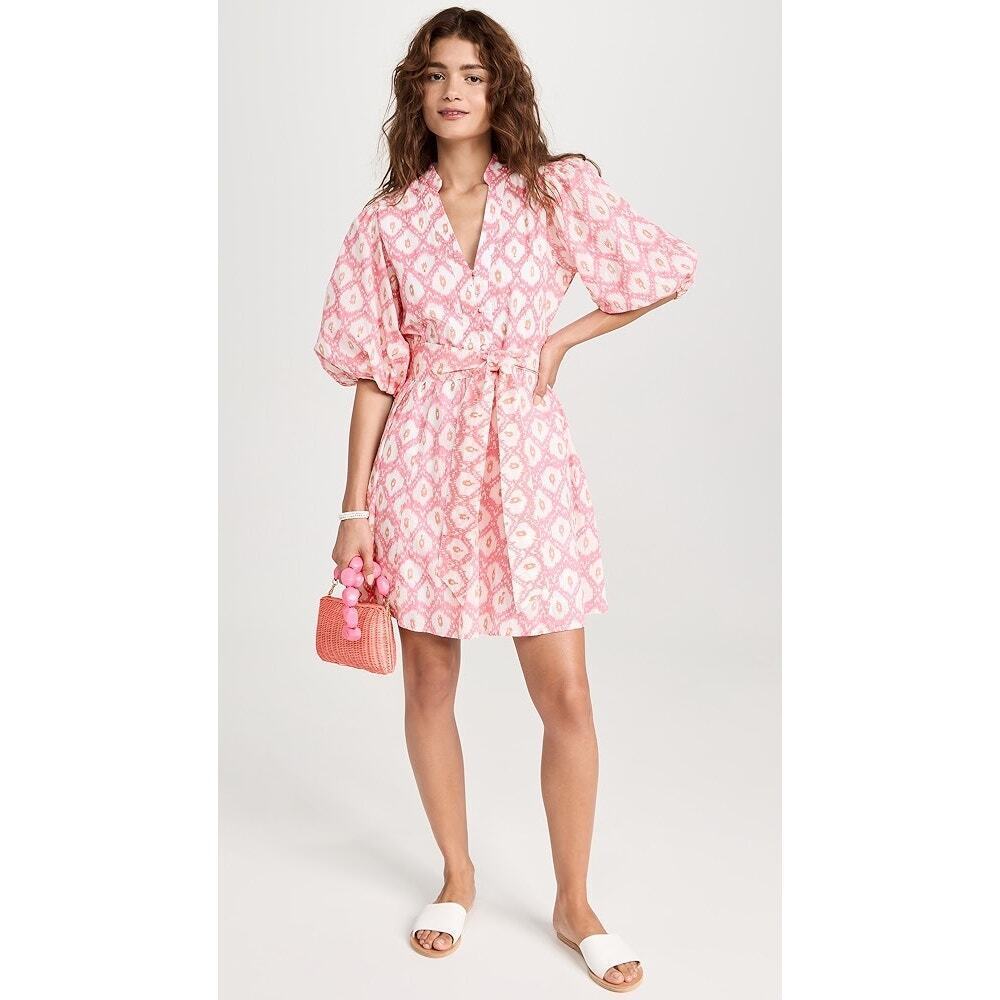 Marea Pink White Ikat Print Short Puff Sleeve Collette Shortie Dress Size Small